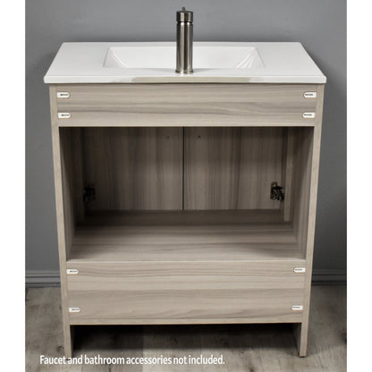 Volpa USA Pacific 30" Ash Gray Freestanding Modern Bathroom Vanity With Integrated Ceramic Top and Brushed Nickel Round Handles