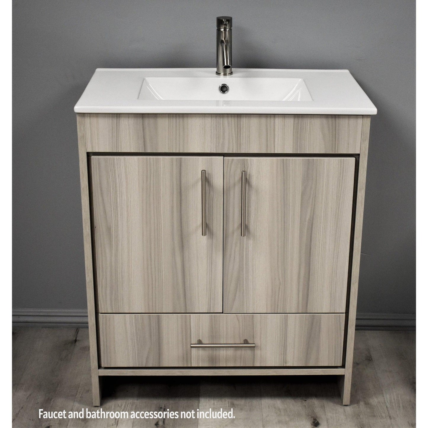 Volpa USA Pacific 30" Ash Gray Freestanding Modern Bathroom Vanity With Integrated Ceramic Top and Brushed Nickel Round Handles