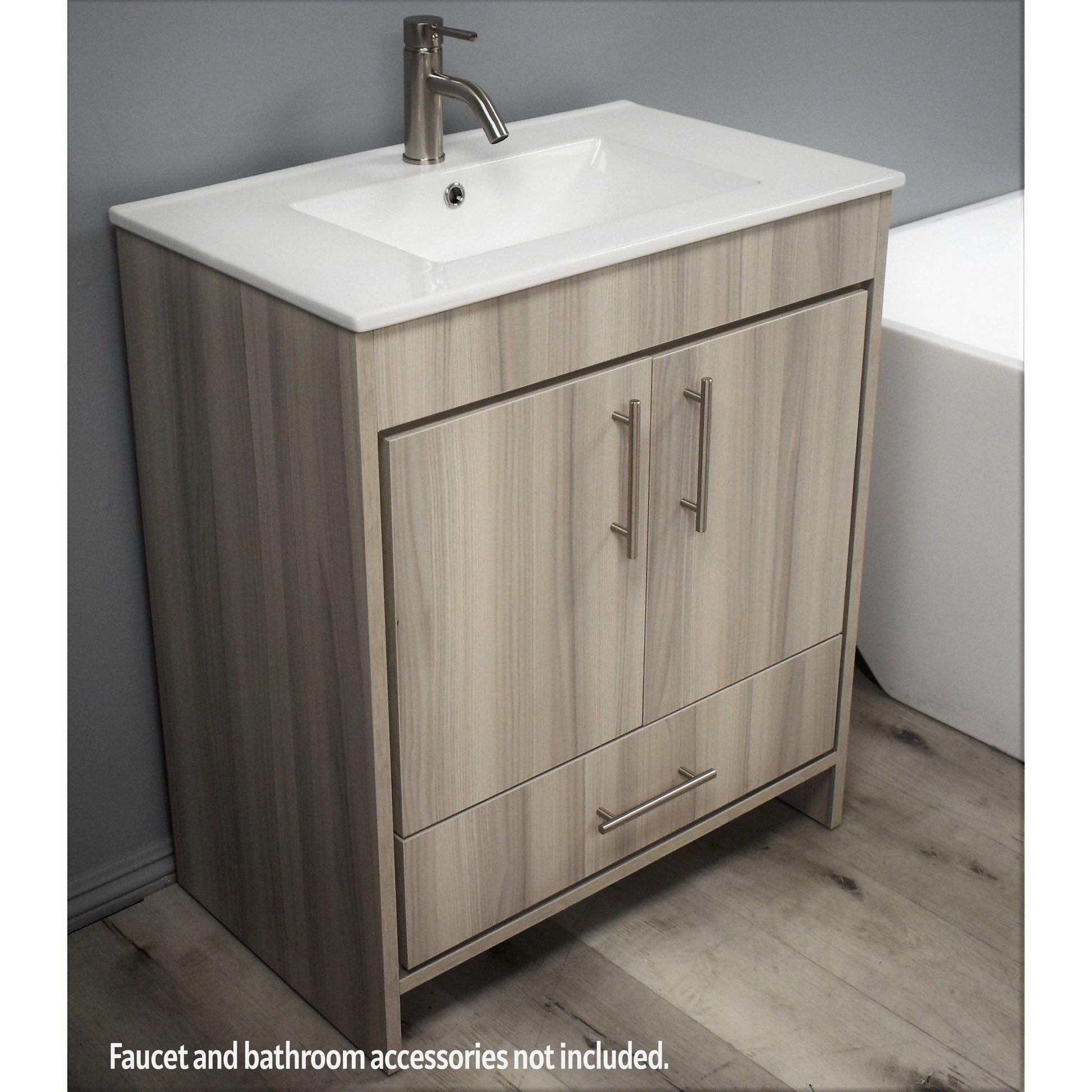 Volpa USA Pacific 30" Ash Gray Freestanding Modern Bathroom Vanity With Integrated Ceramic Top and Brushed Nickel Round Handles