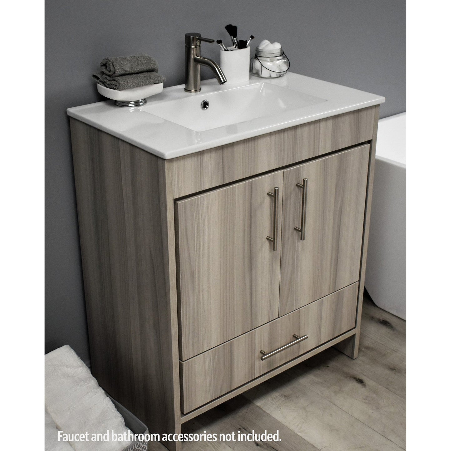 Volpa USA Pacific 30" Ash Gray Freestanding Modern Bathroom Vanity With Integrated Ceramic Top and Brushed Nickel Round Handles