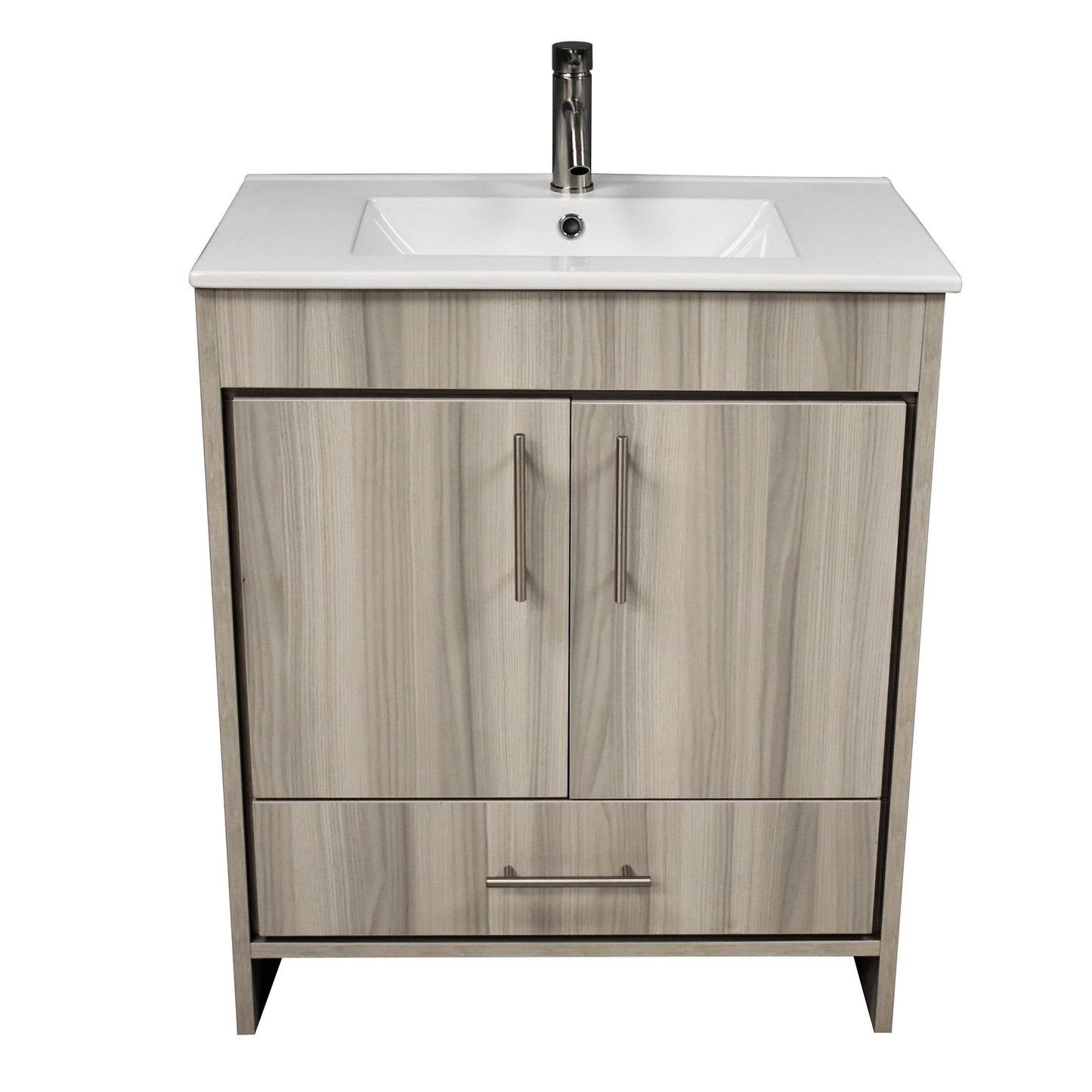 Volpa USA Pacific 30" Ash Gray Freestanding Modern Bathroom Vanity With Integrated Ceramic Top and Brushed Nickel Round Handles