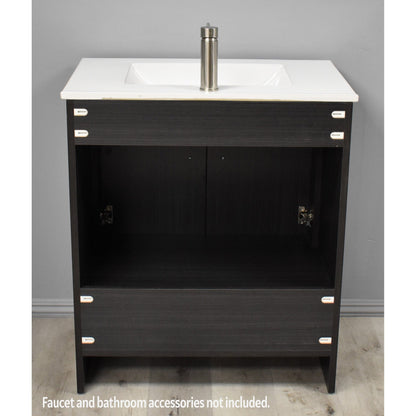 Volpa USA Pacific 30" Black Ash Freestanding Modern Bathroom Vanity With Integrated Ceramic Top and Brushed Nickel Round Handles