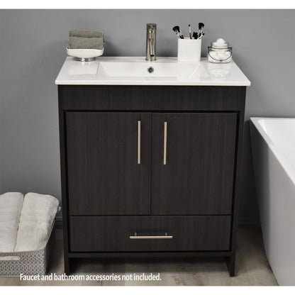 Volpa USA Pacific 30" Black Ash Freestanding Modern Bathroom Vanity With Integrated Ceramic Top and Brushed Nickel Round Handles