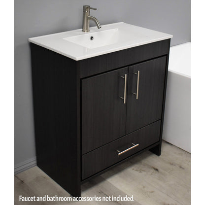 Volpa USA Pacific 30" Black Ash Freestanding Modern Bathroom Vanity With Integrated Ceramic Top and Brushed Nickel Round Handles