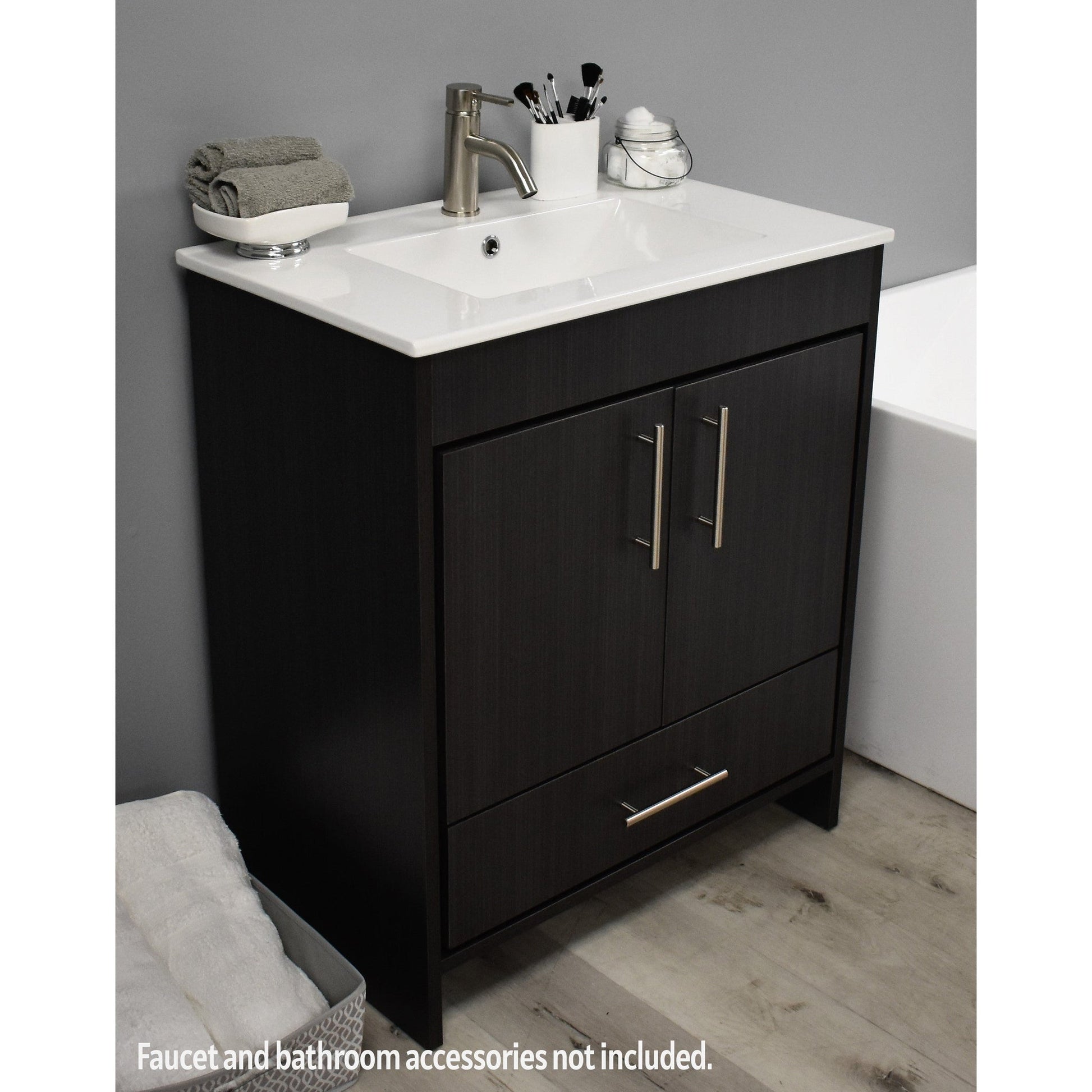 Volpa USA Pacific 30" Black Ash Freestanding Modern Bathroom Vanity With Integrated Ceramic Top and Brushed Nickel Round Handles