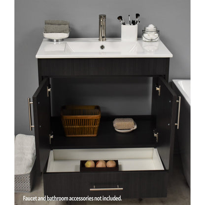 Volpa USA Pacific 30" Black Ash Freestanding Modern Bathroom Vanity With Integrated Ceramic Top and Brushed Nickel Round Handles