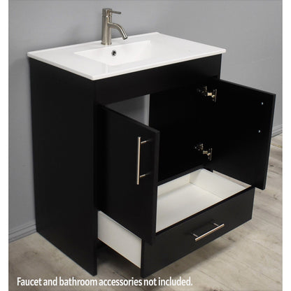 Volpa USA Pacific 30" Black Freestanding Modern Bathroom Vanity With Integrated Ceramic Top and Brushed Nickel Round Handles