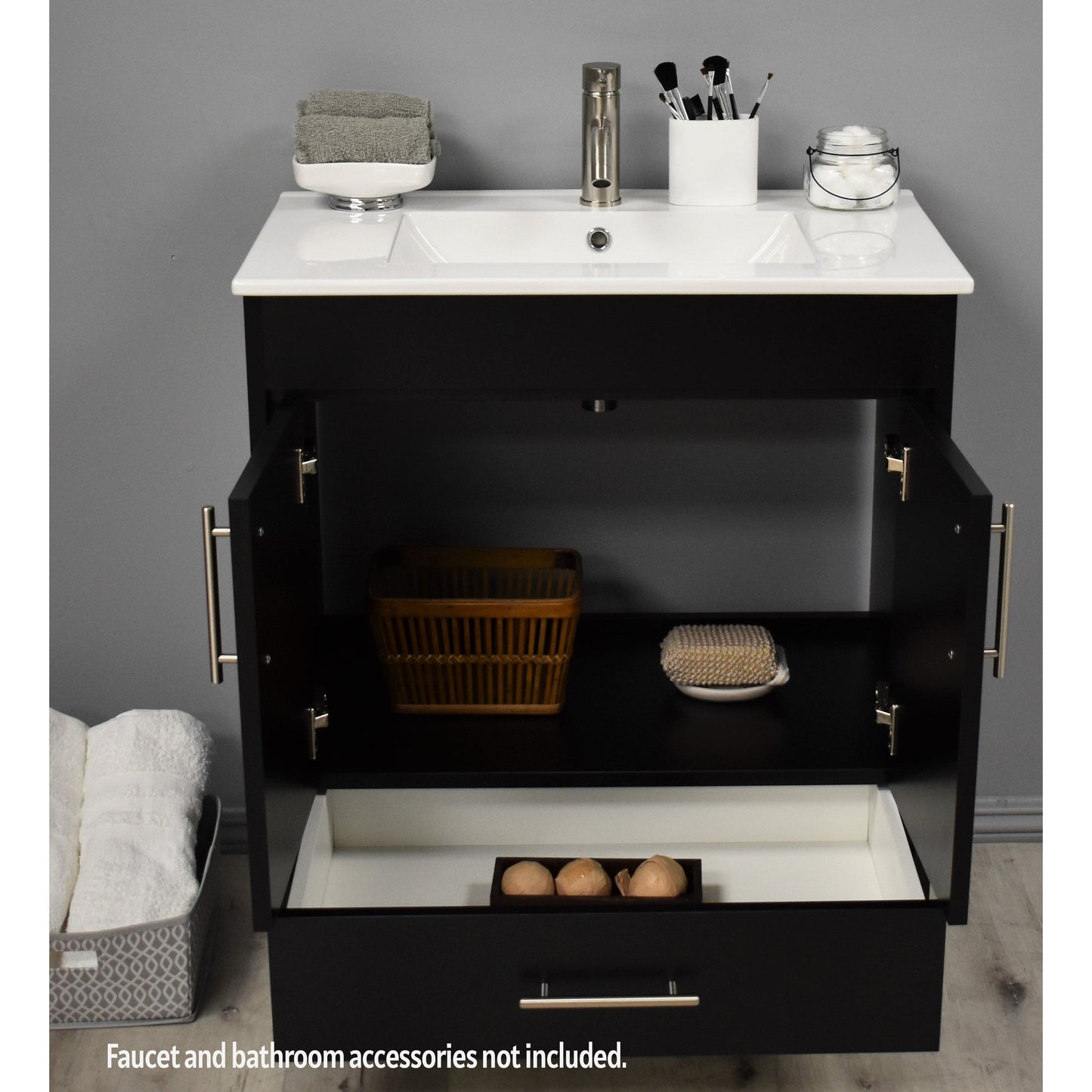 Volpa USA Pacific 30" Black Freestanding Modern Bathroom Vanity With Integrated Ceramic Top and Brushed Nickel Round Handles