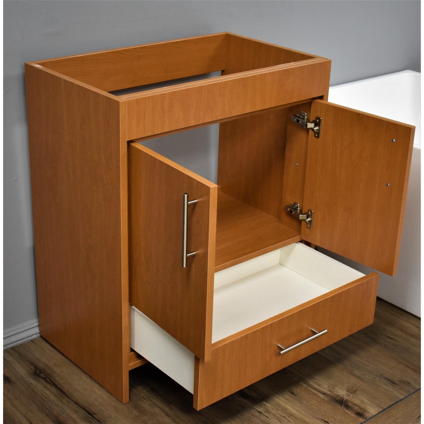 Volpa USA Pacific 30" Honey Maple Freestanding Modern Bathroom Vanity With Brushed Nickel Round Handles Cabinet Only