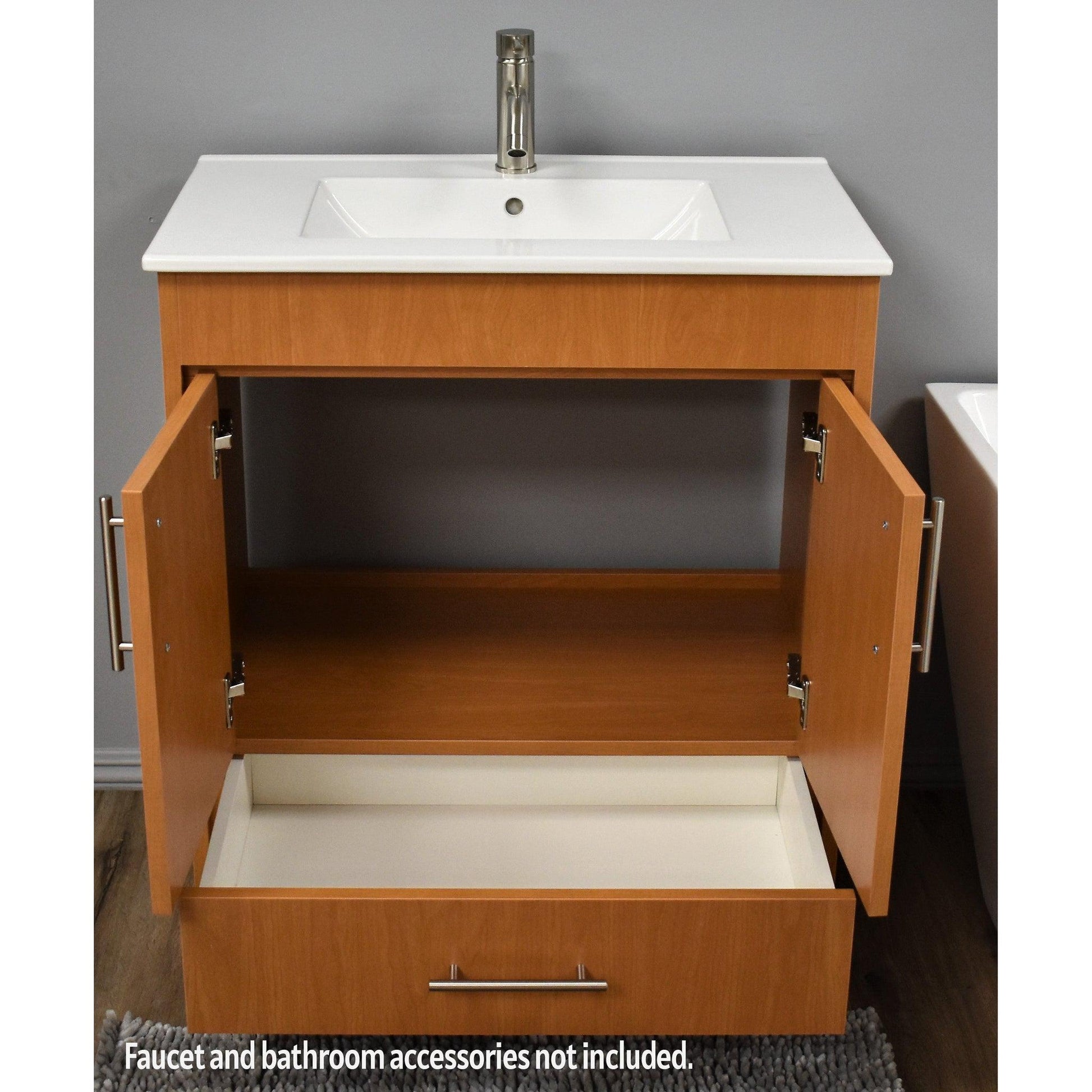 Volpa USA Pacific 30" Honey Maple Freestanding Modern Bathroom Vanity With Integrated Ceramic Top and Brushed Nickel Round Handles