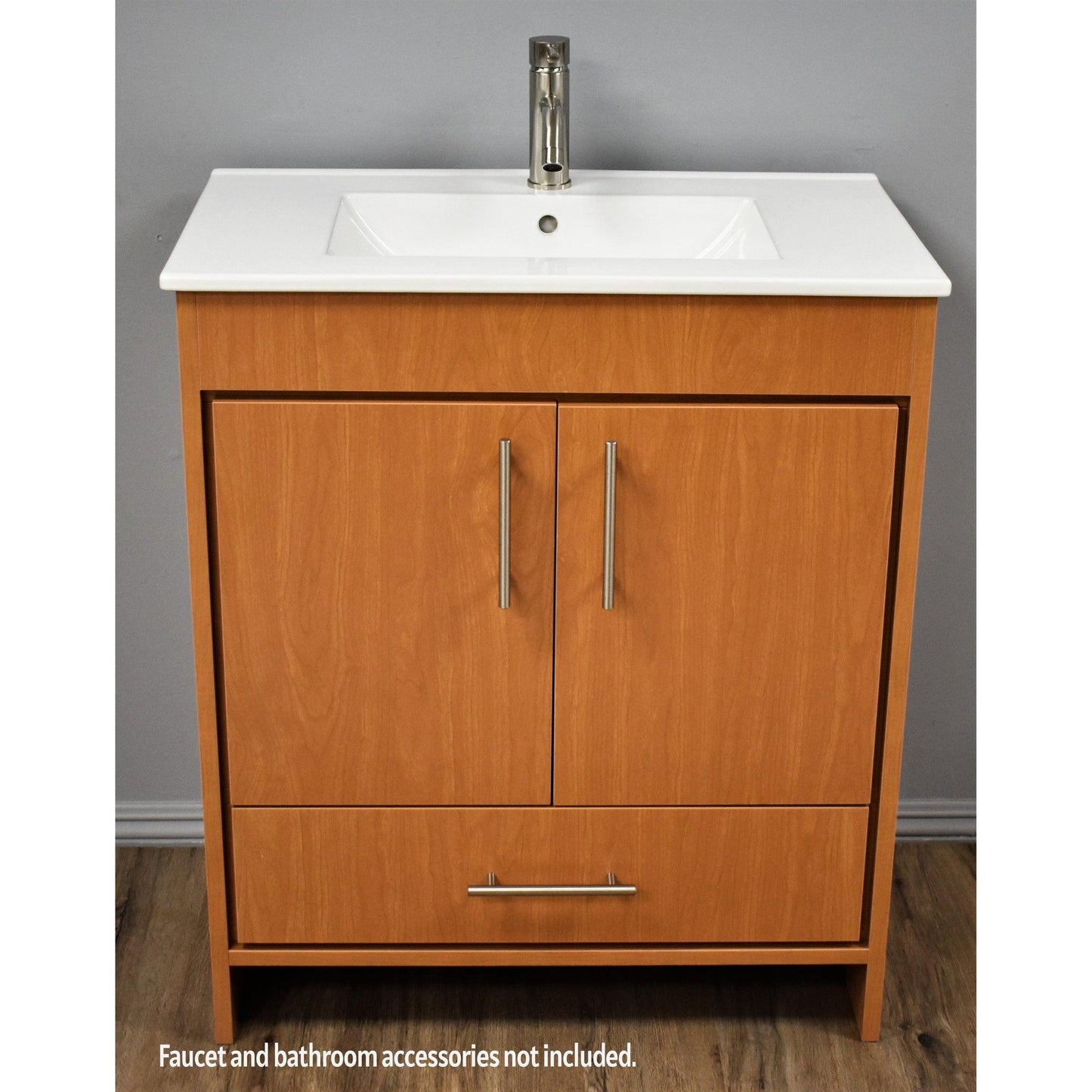 Volpa USA Pacific 30" Honey Maple Freestanding Modern Bathroom Vanity With Integrated Ceramic Top and Brushed Nickel Round Handles