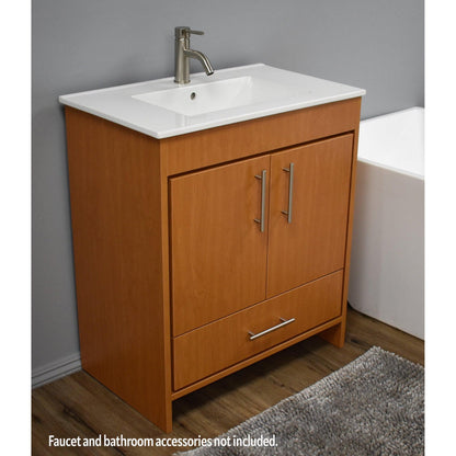 Volpa USA Pacific 30" Honey Maple Freestanding Modern Bathroom Vanity With Integrated Ceramic Top and Brushed Nickel Round Handles