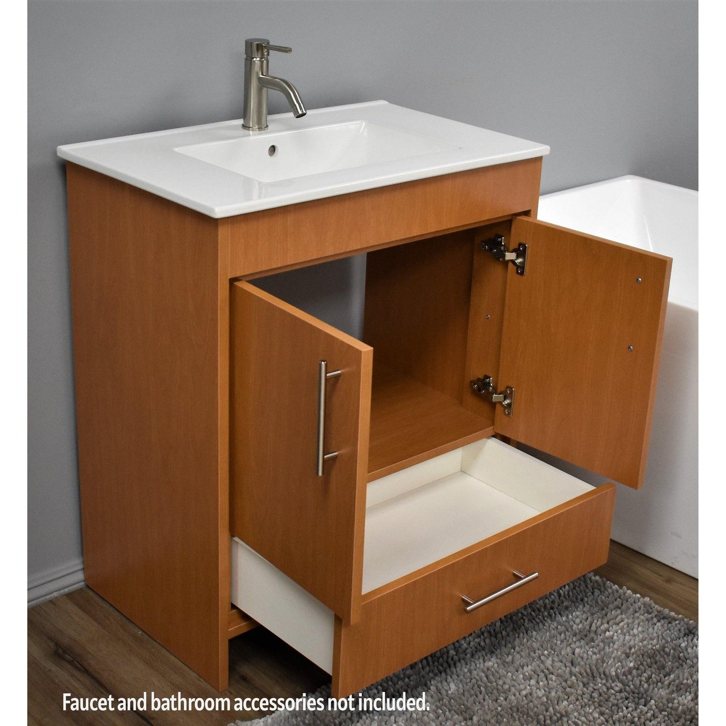 Volpa USA Pacific 30" Honey Maple Freestanding Modern Bathroom Vanity With Integrated Ceramic Top and Brushed Nickel Round Handles