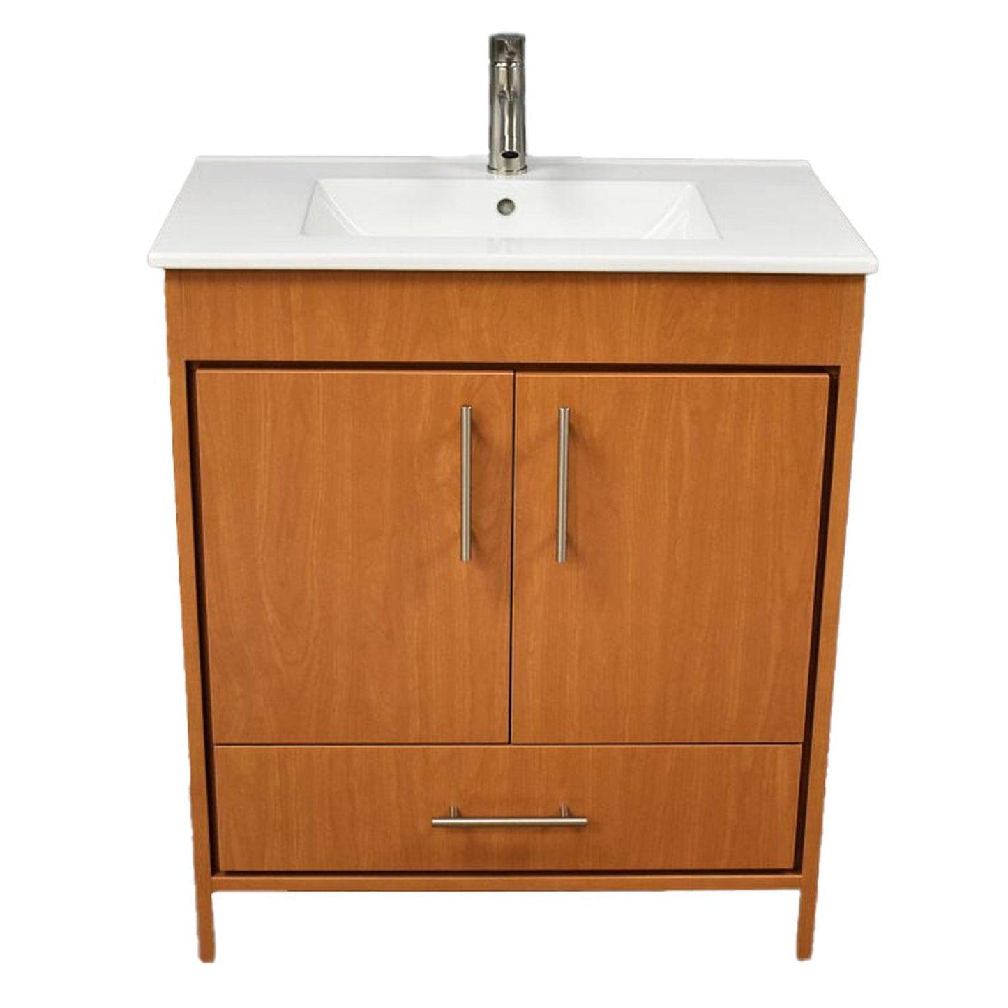 Volpa USA Pacific 30" Honey Maple Freestanding Modern Bathroom Vanity With Integrated Ceramic Top and Brushed Nickel Round Handles