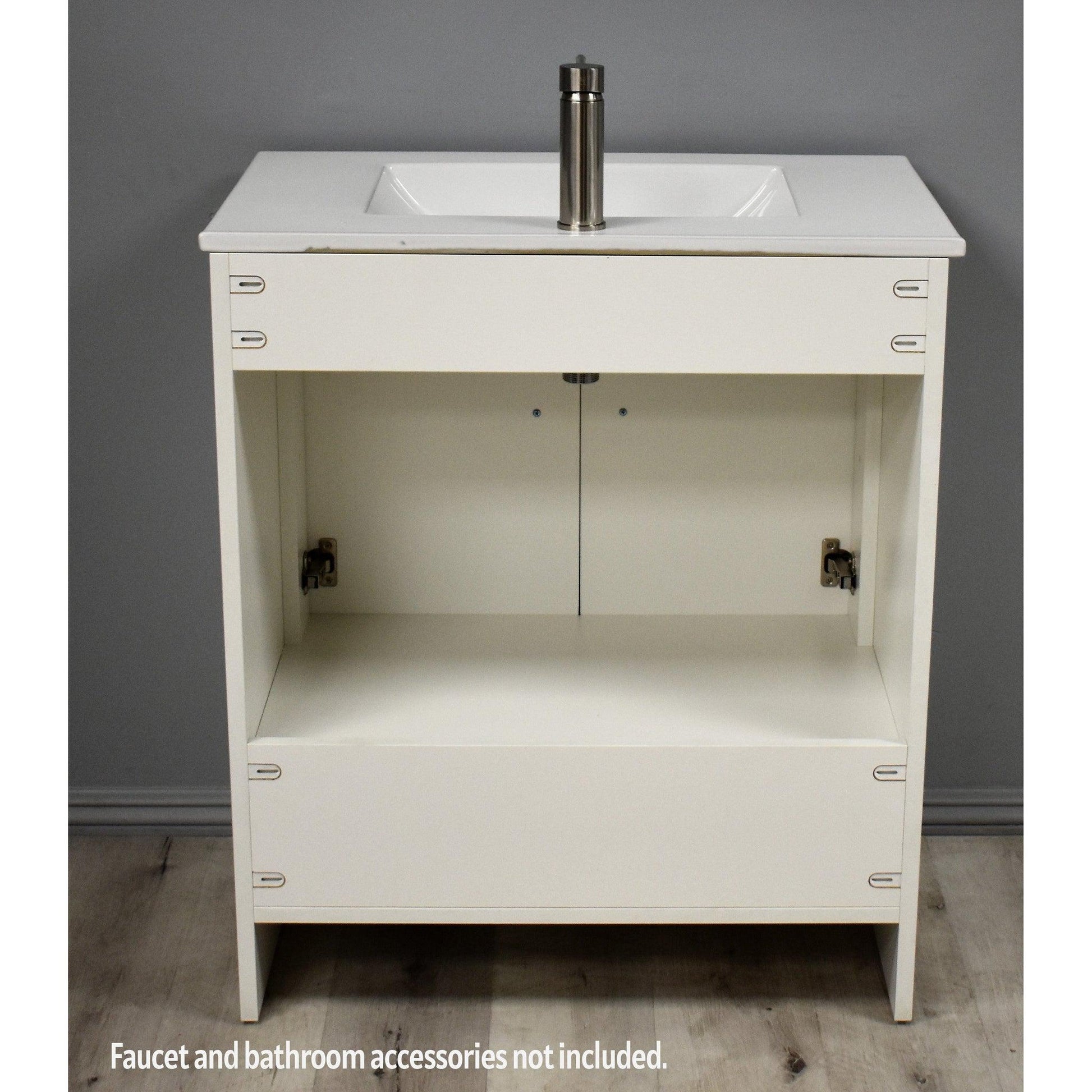 Volpa USA Pacific 30" Soft White Freestanding Modern Bathroom Vanity With Integrated Ceramic Top and Brushed Nickel Round Handles