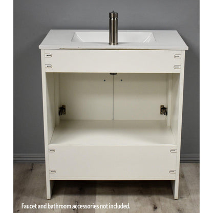 Volpa USA Pacific 30" Soft White Freestanding Modern Bathroom Vanity With Integrated Ceramic Top and Brushed Nickel Round Handles