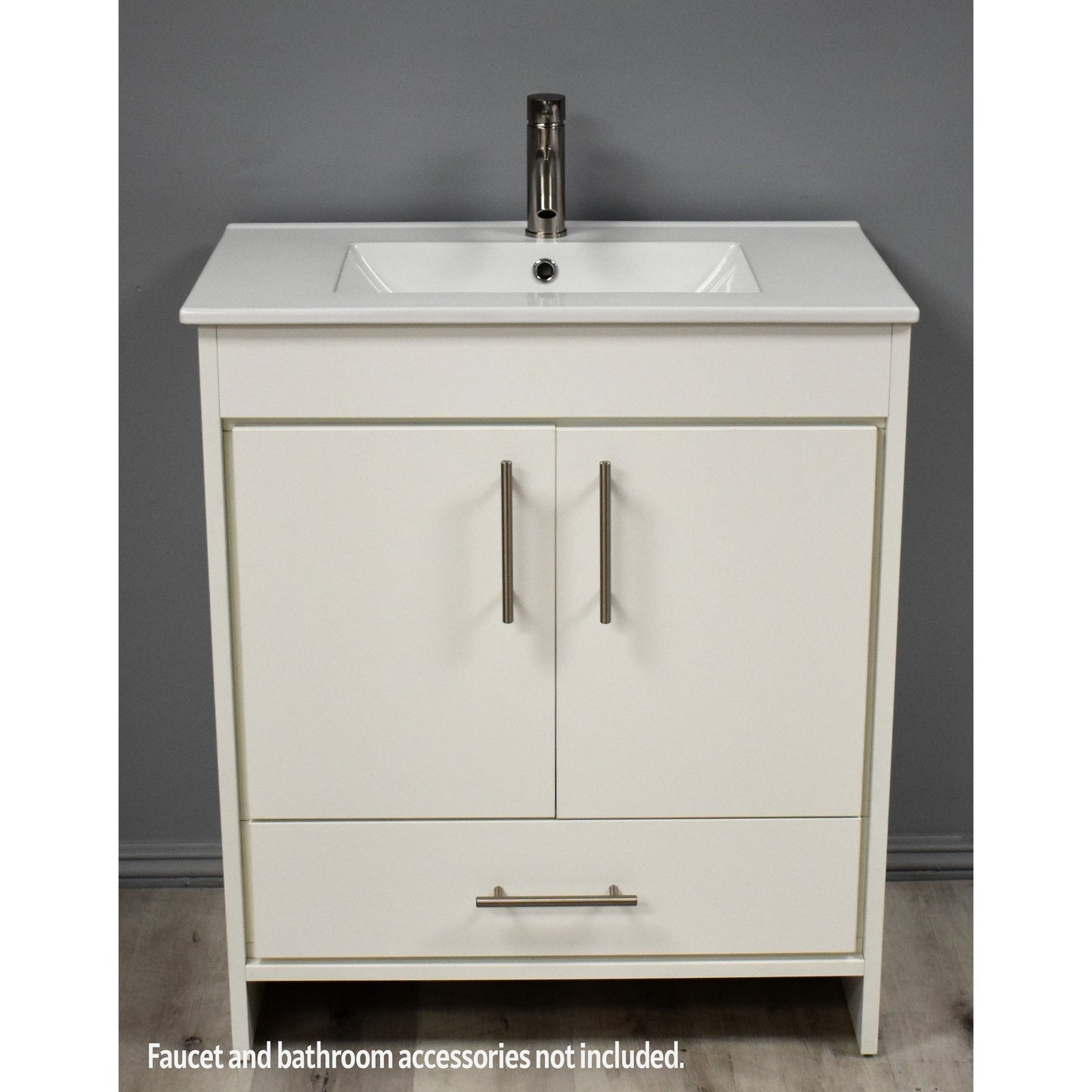 Volpa USA Pacific 30" Soft White Freestanding Modern Bathroom Vanity With Integrated Ceramic Top and Brushed Nickel Round Handles