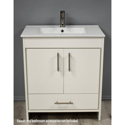 Volpa USA Pacific 30" Soft White Freestanding Modern Bathroom Vanity With Integrated Ceramic Top and Brushed Nickel Round Handles