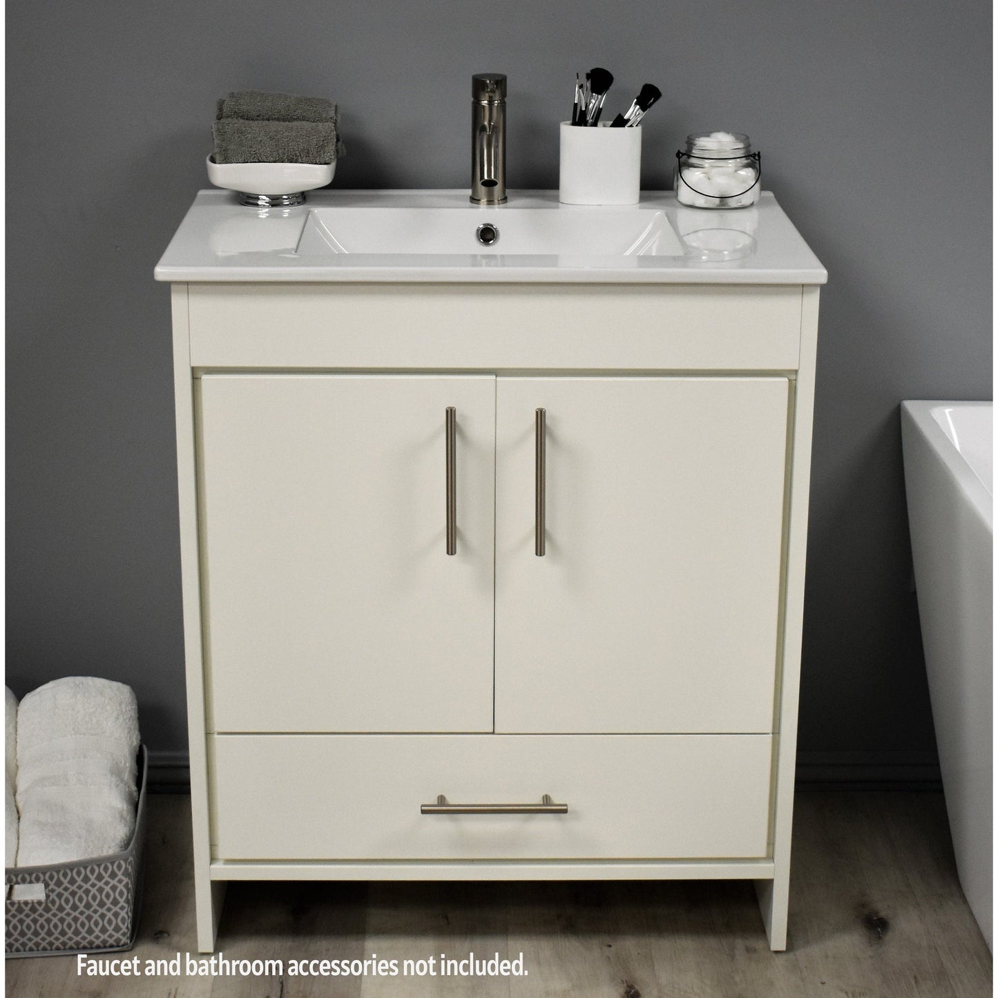 Volpa USA Pacific 30" Soft White Freestanding Modern Bathroom Vanity With Integrated Ceramic Top and Brushed Nickel Round Handles