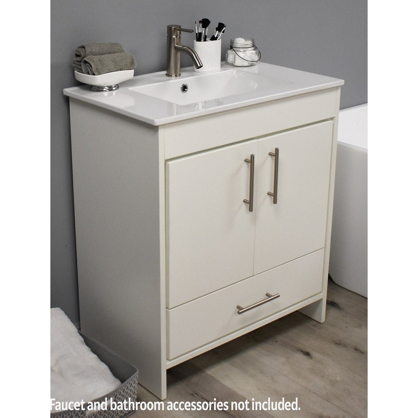 Volpa USA Pacific 30" Soft White Freestanding Modern Bathroom Vanity With Integrated Ceramic Top and Brushed Nickel Round Handles