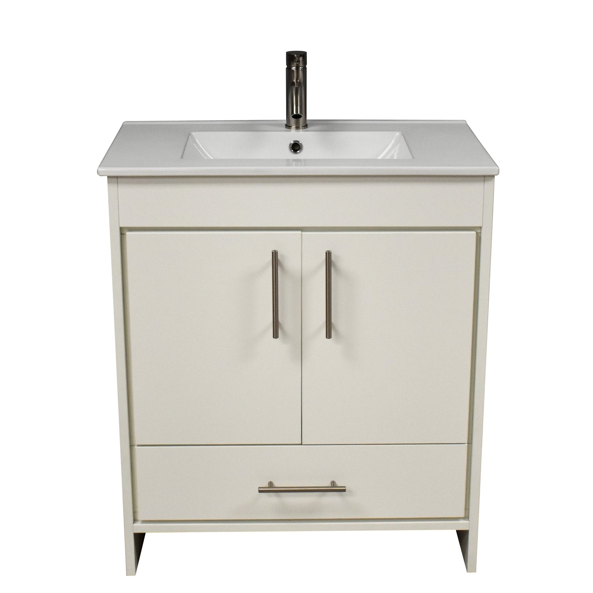 Volpa USA Pacific 30" Soft White Freestanding Modern Bathroom Vanity With Integrated Ceramic Top and Brushed Nickel Round Handles