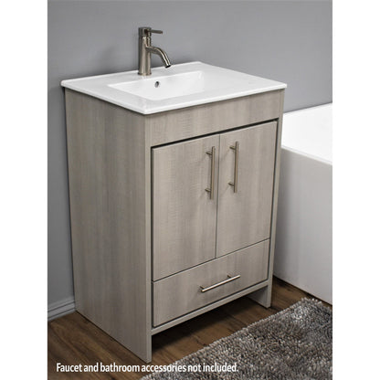 Volpa USA Pacific 30" Weathered Gray Freestanding Modern Bathroom Vanity With Integrated Ceramic Top and Brushed Nickel Round Handles