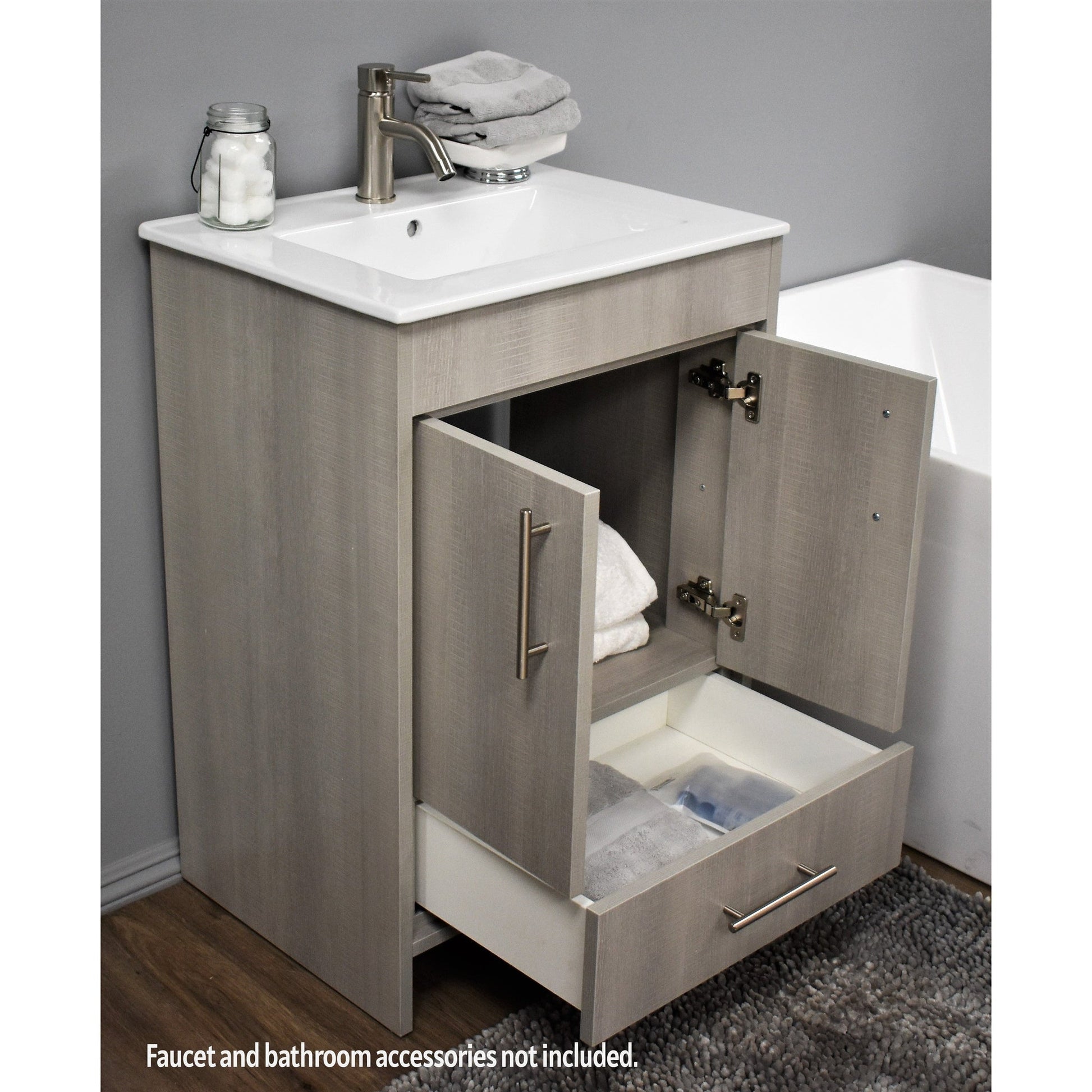 Volpa USA Pacific 30" Weathered Gray Freestanding Modern Bathroom Vanity With Integrated Ceramic Top and Brushed Nickel Round Handles