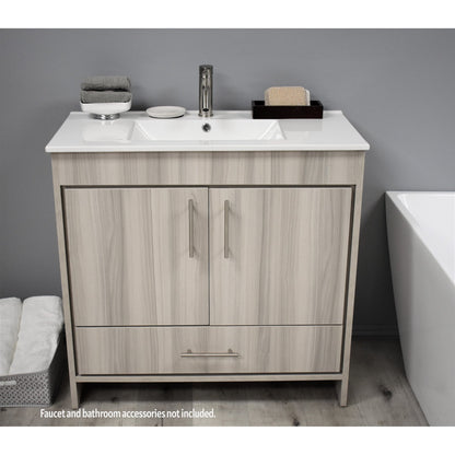 Volpa USA Pacific 36" Ash Gray Freestanding Modern Bathroom Vanity With Integrated Ceramic Top and Brushed Nickel Round Handles