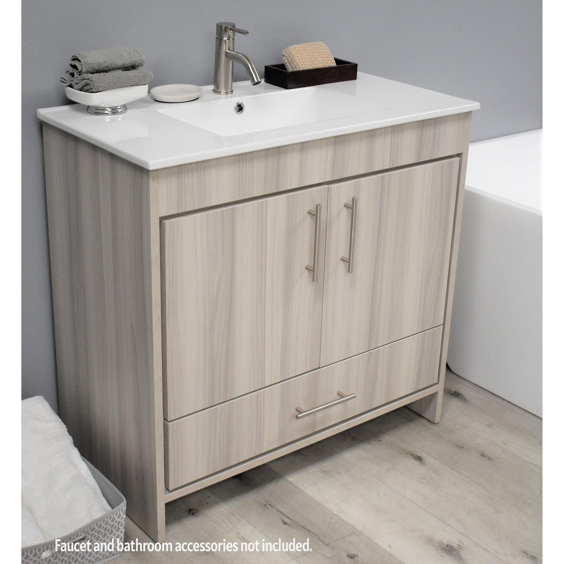 Volpa USA Pacific 36" Ash Gray Freestanding Modern Bathroom Vanity With Integrated Ceramic Top and Brushed Nickel Round Handles