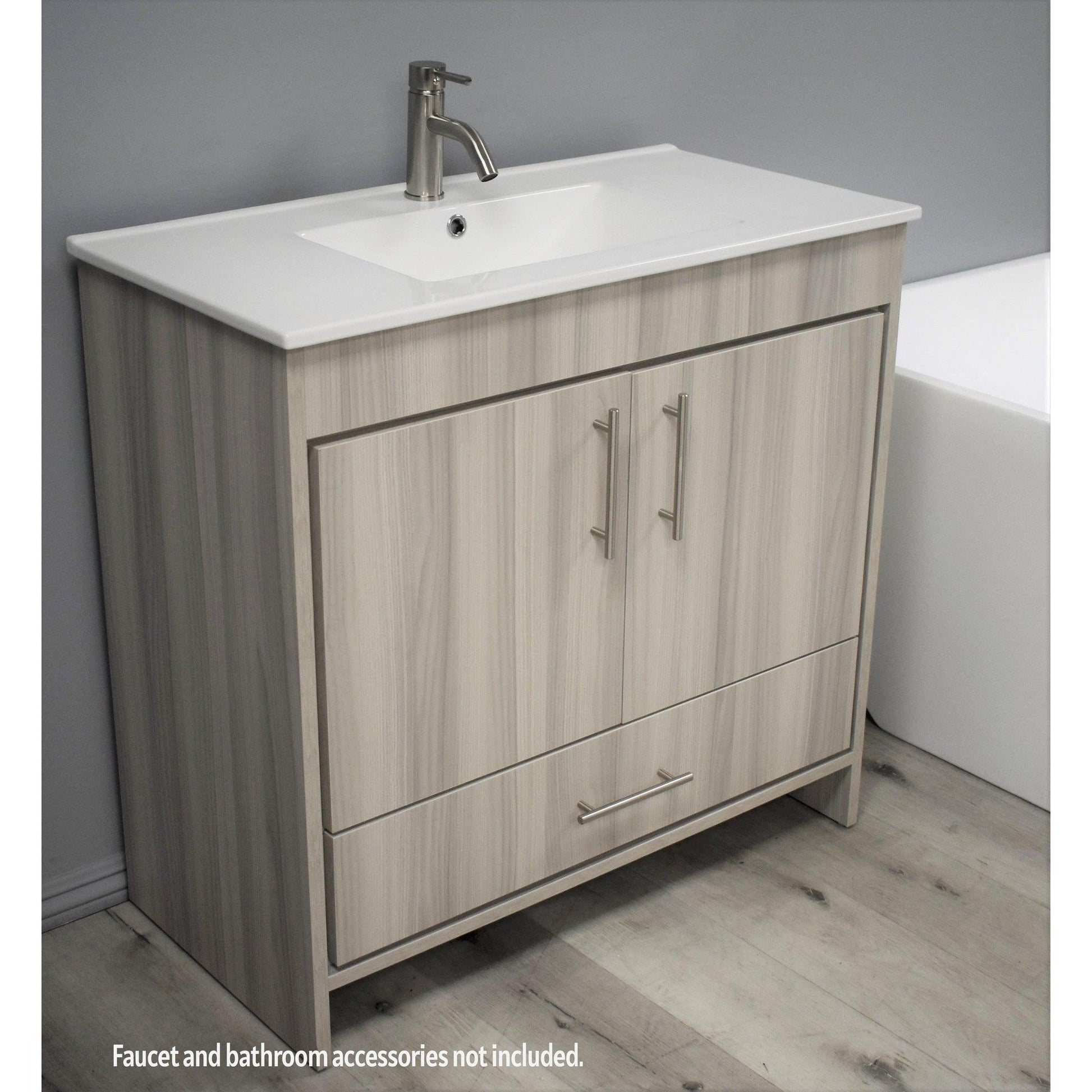 Volpa USA Pacific 36" Ash Gray Freestanding Modern Bathroom Vanity With Integrated Ceramic Top and Brushed Nickel Round Handles