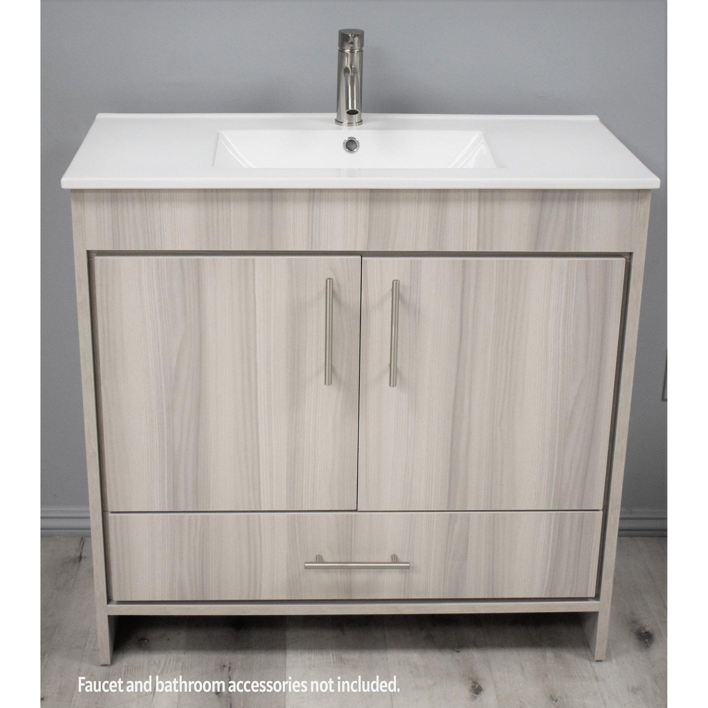 Volpa USA Pacific 36" Ash Gray Freestanding Modern Bathroom Vanity With Integrated Ceramic Top and Brushed Nickel Round Handles