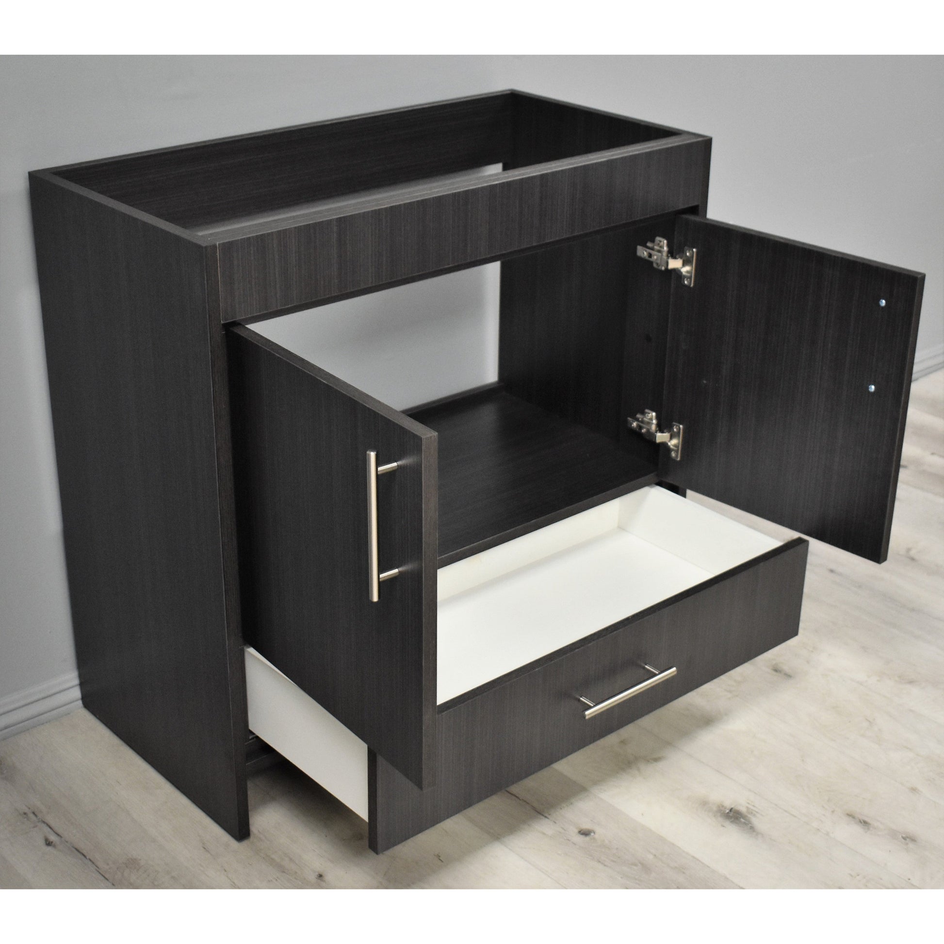 Volpa USA Pacific 36" Black Ash Freestanding Modern Bathroom Vanity With Brushed Nickel Round Handles Cabinet Only