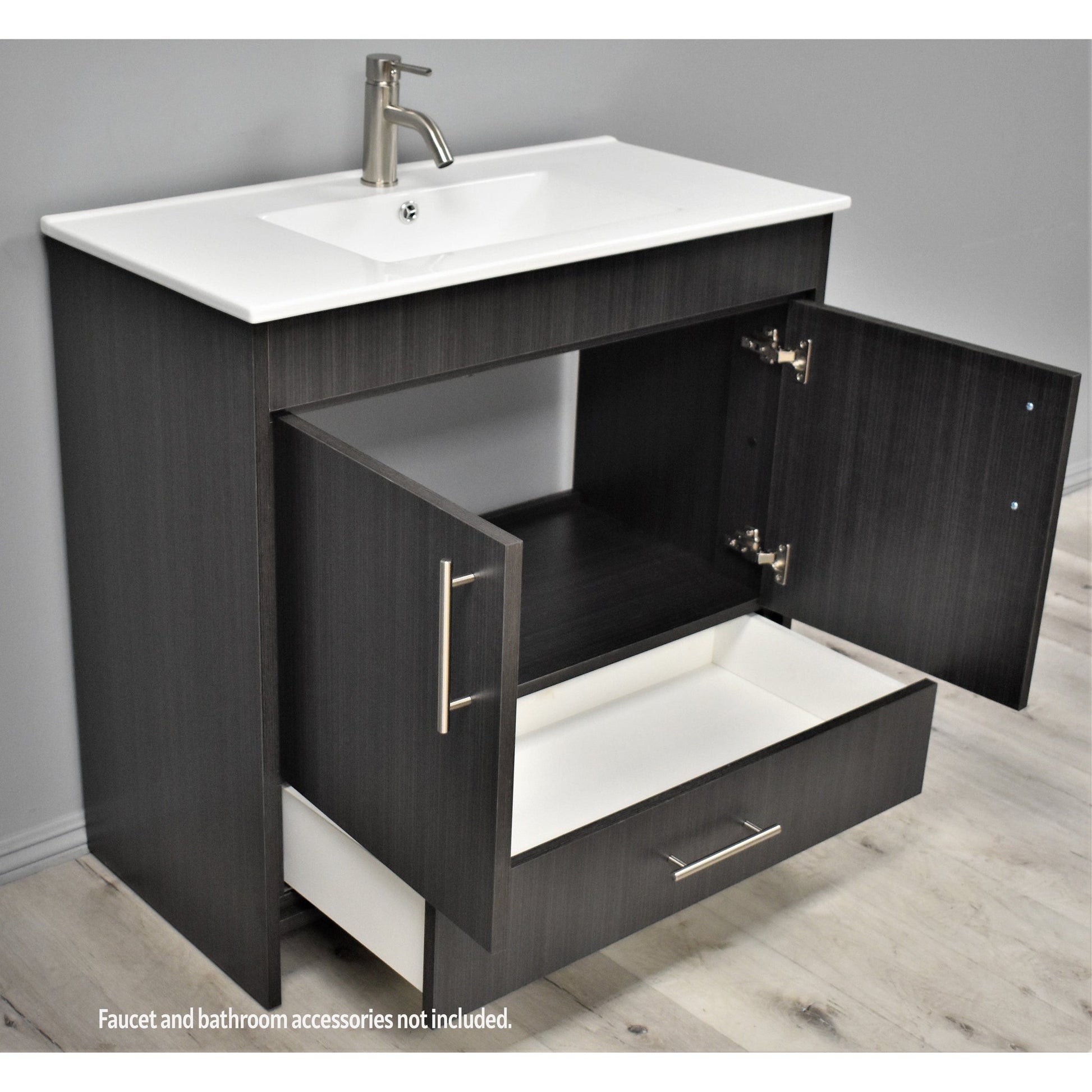 Volpa USA Pacific 36" Black Ash Freestanding Modern Bathroom Vanity With Integrated Ceramic Top and Brushed Nickel Round Handles