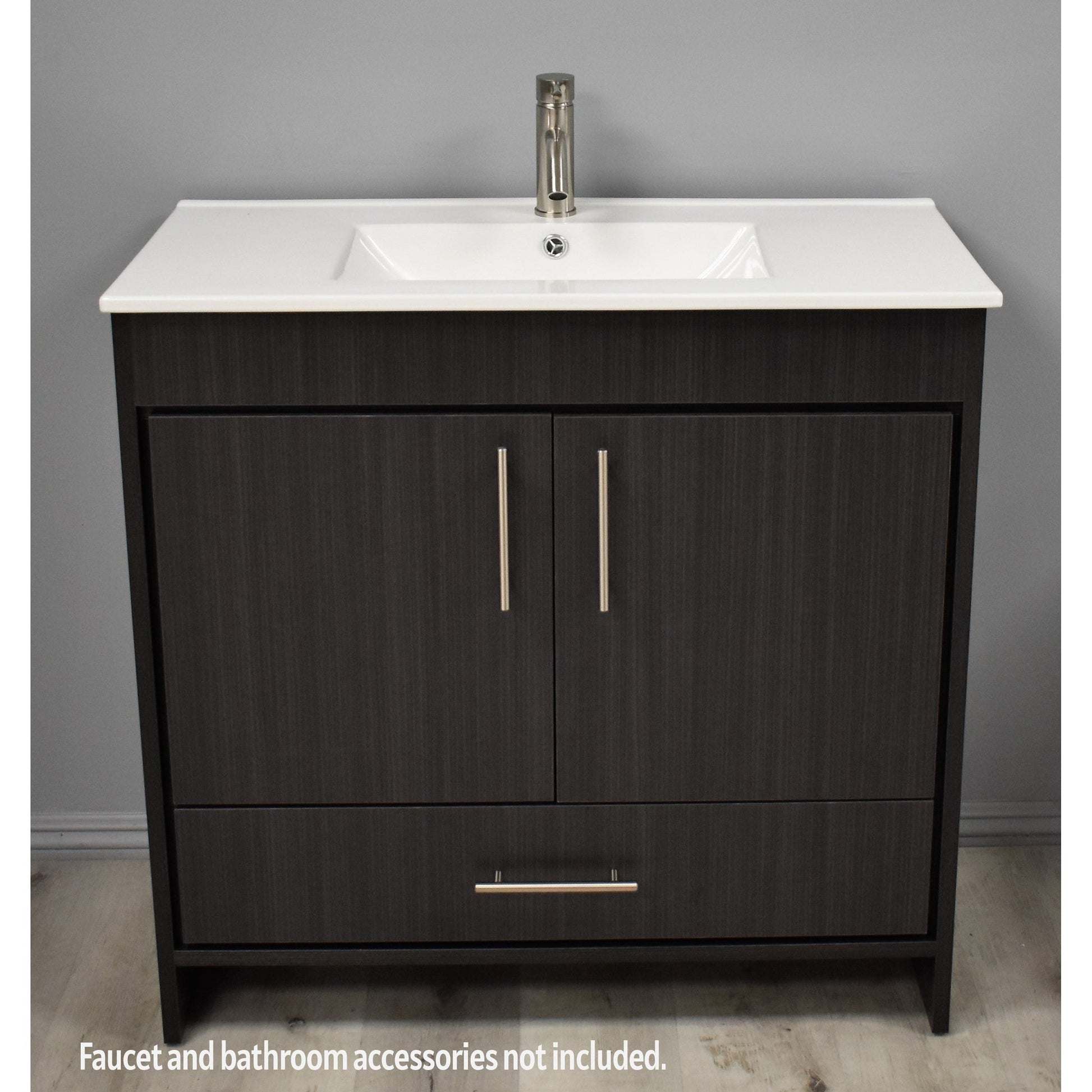 Volpa USA Pacific 36" Black Ash Freestanding Modern Bathroom Vanity With Integrated Ceramic Top and Brushed Nickel Round Handles