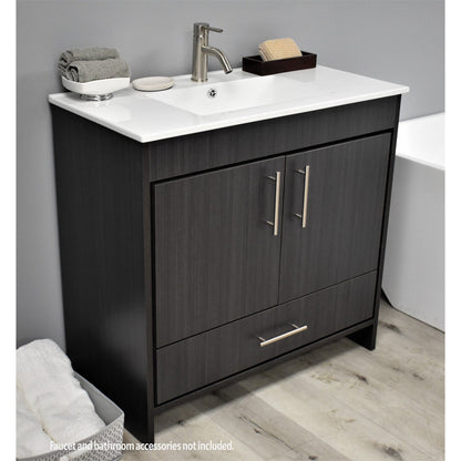 Volpa USA Pacific 36" Black Ash Freestanding Modern Bathroom Vanity With Integrated Ceramic Top and Brushed Nickel Round Handles