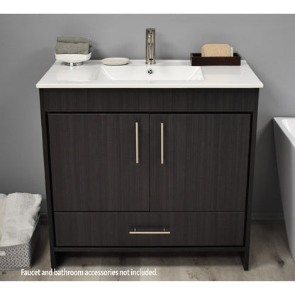 Volpa USA Pacific 36" Black Ash Freestanding Modern Bathroom Vanity With Integrated Ceramic Top and Brushed Nickel Round Handles