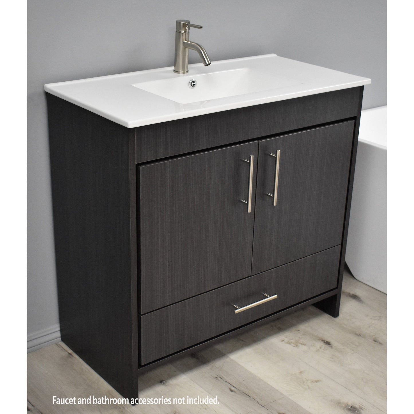 Volpa USA Pacific 36" Black Ash Freestanding Modern Bathroom Vanity With Integrated Ceramic Top and Brushed Nickel Round Handles