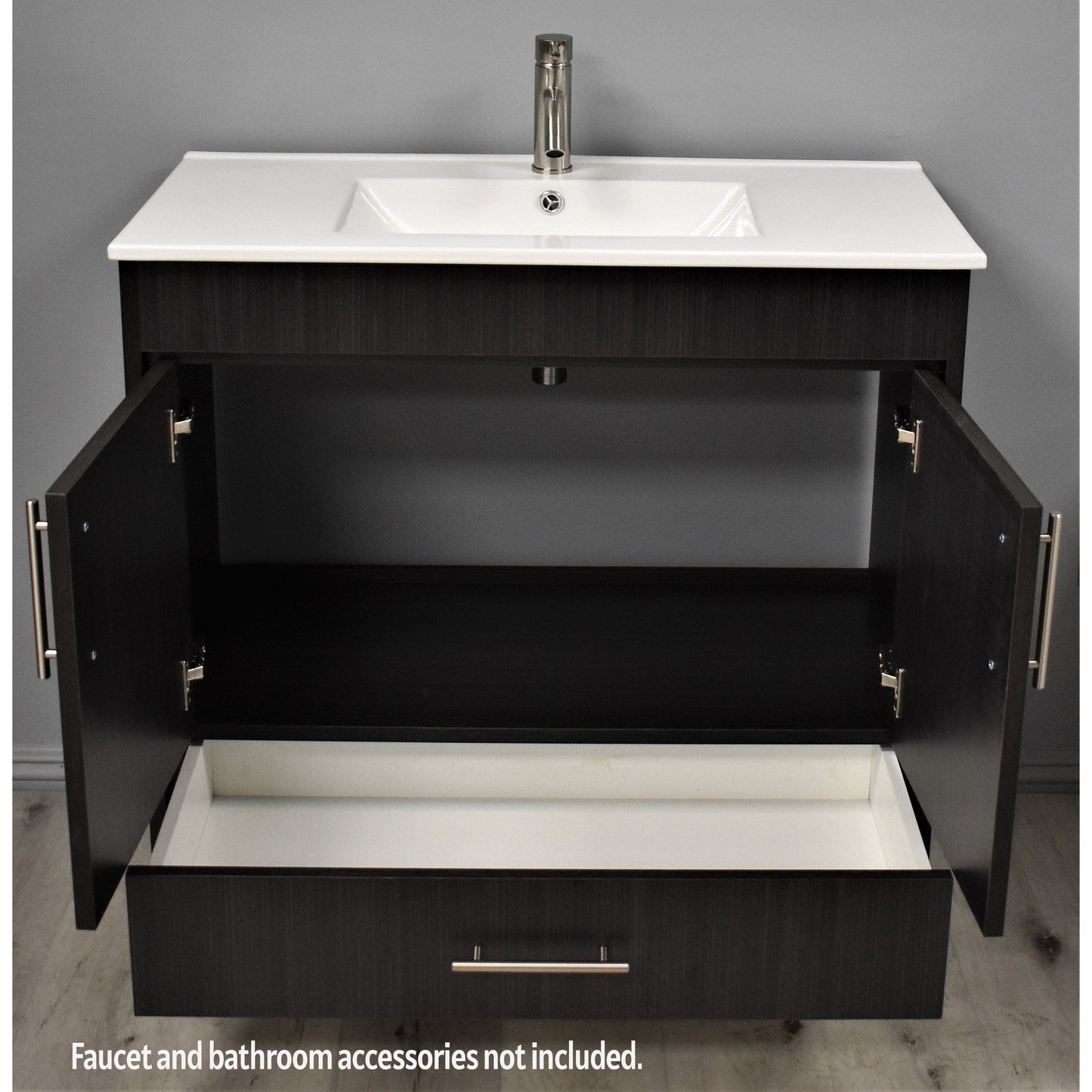 Volpa USA Pacific 36" Black Ash Freestanding Modern Bathroom Vanity With Integrated Ceramic Top and Brushed Nickel Round Handles