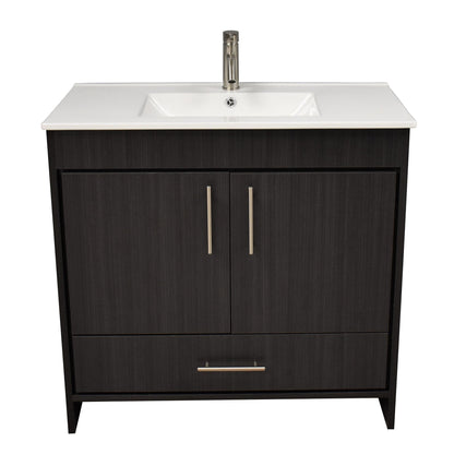 Volpa USA Pacific 36" Black Ash Freestanding Modern Bathroom Vanity With Integrated Ceramic Top and Brushed Nickel Round Handles