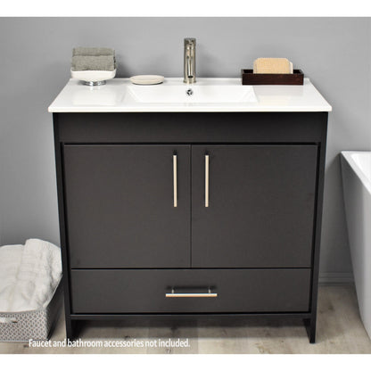 Volpa USA Pacific 36" Black Freestanding Modern Bathroom Vanity With Integrated Ceramic Top and Brushed Nickel Round Handles