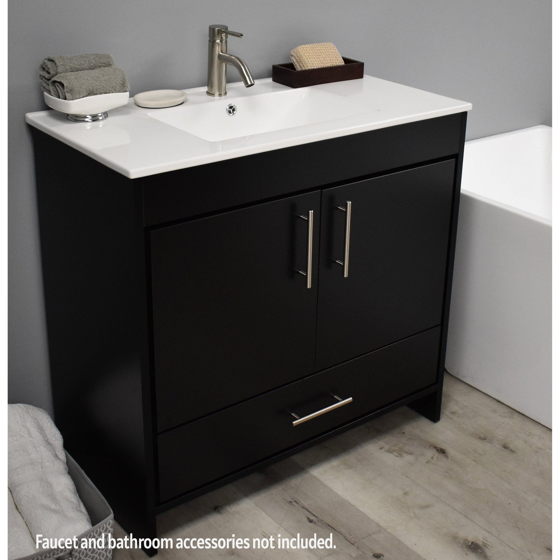 Volpa USA Pacific 36" Black Freestanding Modern Bathroom Vanity With Integrated Ceramic Top and Brushed Nickel Round Handles