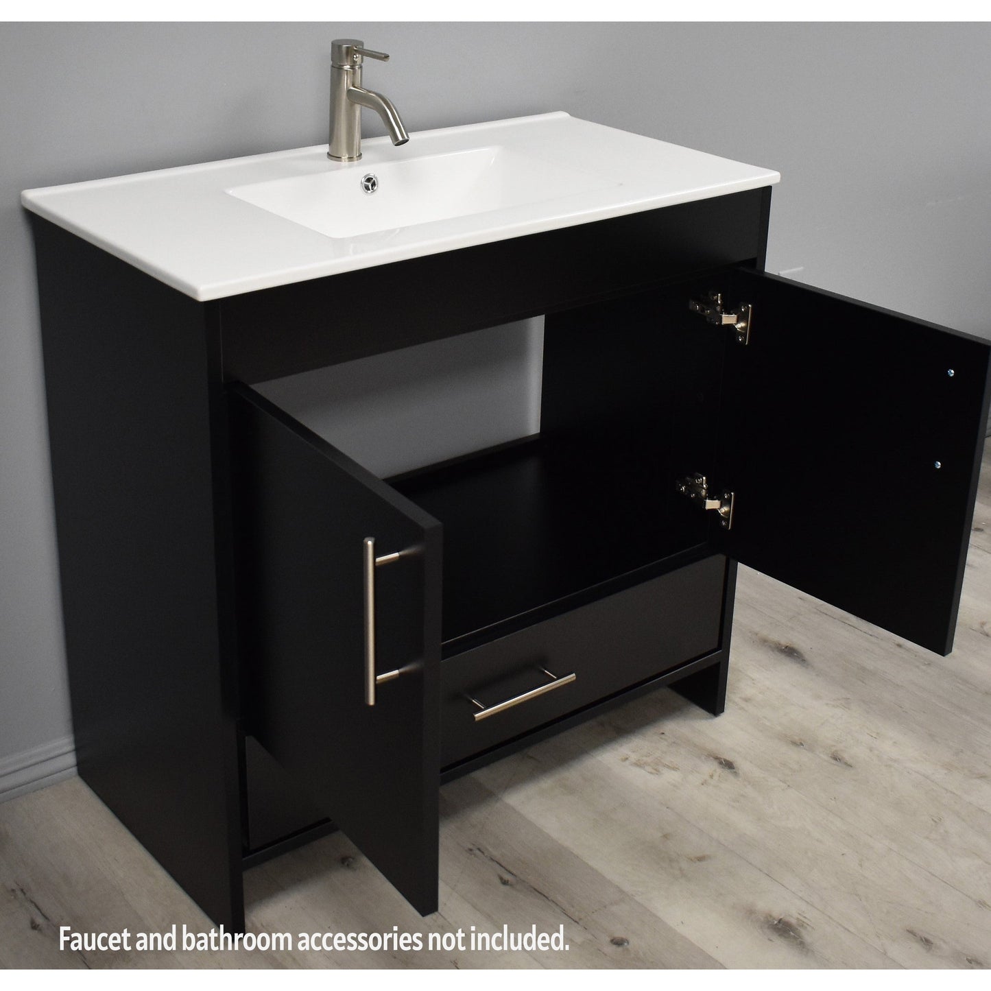 Volpa USA Pacific 36" Black Freestanding Modern Bathroom Vanity With Integrated Ceramic Top and Brushed Nickel Round Handles