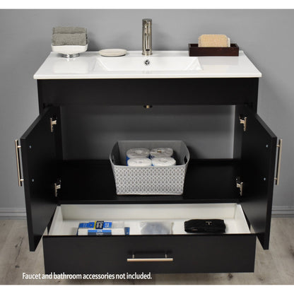 Volpa USA Pacific 36" Black Freestanding Modern Bathroom Vanity With Integrated Ceramic Top and Brushed Nickel Round Handles