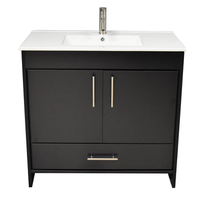 Volpa USA Pacific 36" Black Freestanding Modern Bathroom Vanity With Integrated Ceramic Top and Brushed Nickel Round Handles