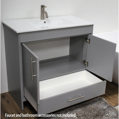 Volpa USA Pacific 36" Gray Freestanding Modern Bathroom Vanity With Integrated Ceramic Top and Brushed Nickel Round Handles