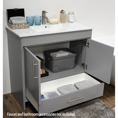 Volpa USA Pacific 36" Gray Freestanding Modern Bathroom Vanity With Integrated Ceramic Top and Brushed Nickel Round Handles