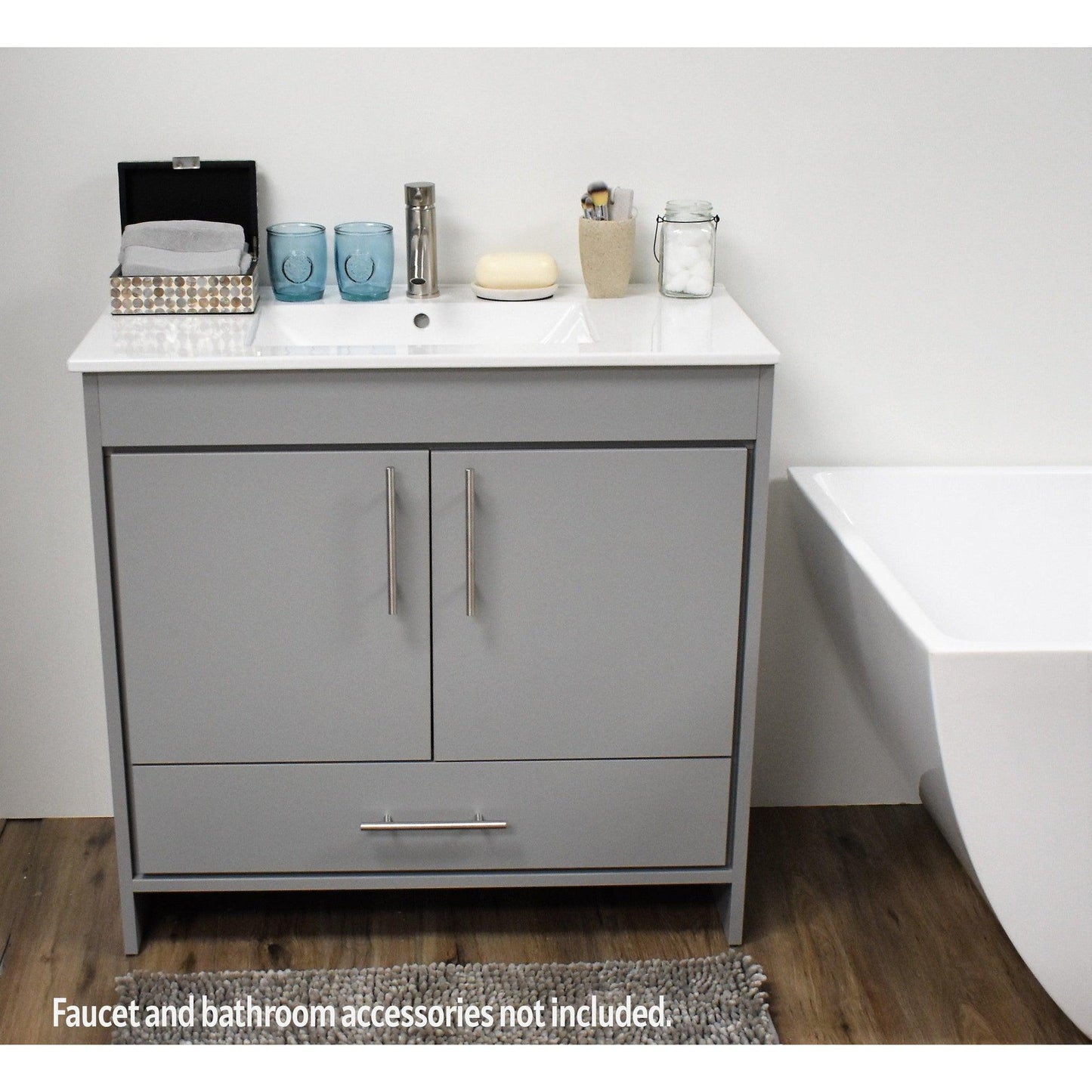 Volpa USA Pacific 36" Gray Freestanding Modern Bathroom Vanity With Integrated Ceramic Top and Brushed Nickel Round Handles