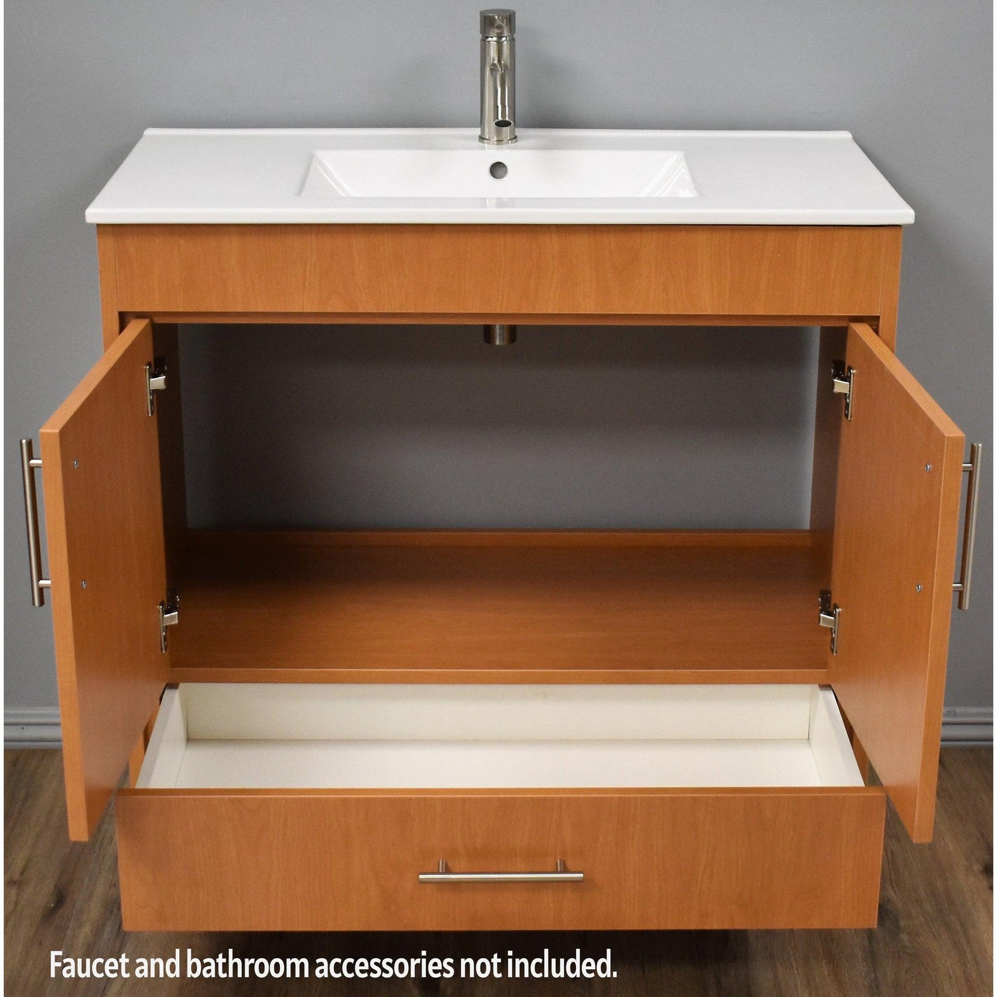 Volpa USA Pacific 36" Honey Maple Freestanding Modern Bathroom Vanity With Integrated Ceramic Top and Brushed Nickel Round Handles