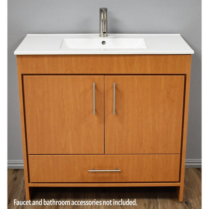 Volpa USA Pacific 36" Honey Maple Freestanding Modern Bathroom Vanity With Integrated Ceramic Top and Brushed Nickel Round Handles