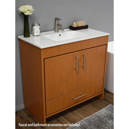 Volpa USA Pacific 36" Honey Maple Freestanding Modern Bathroom Vanity With Integrated Ceramic Top and Brushed Nickel Round Handles